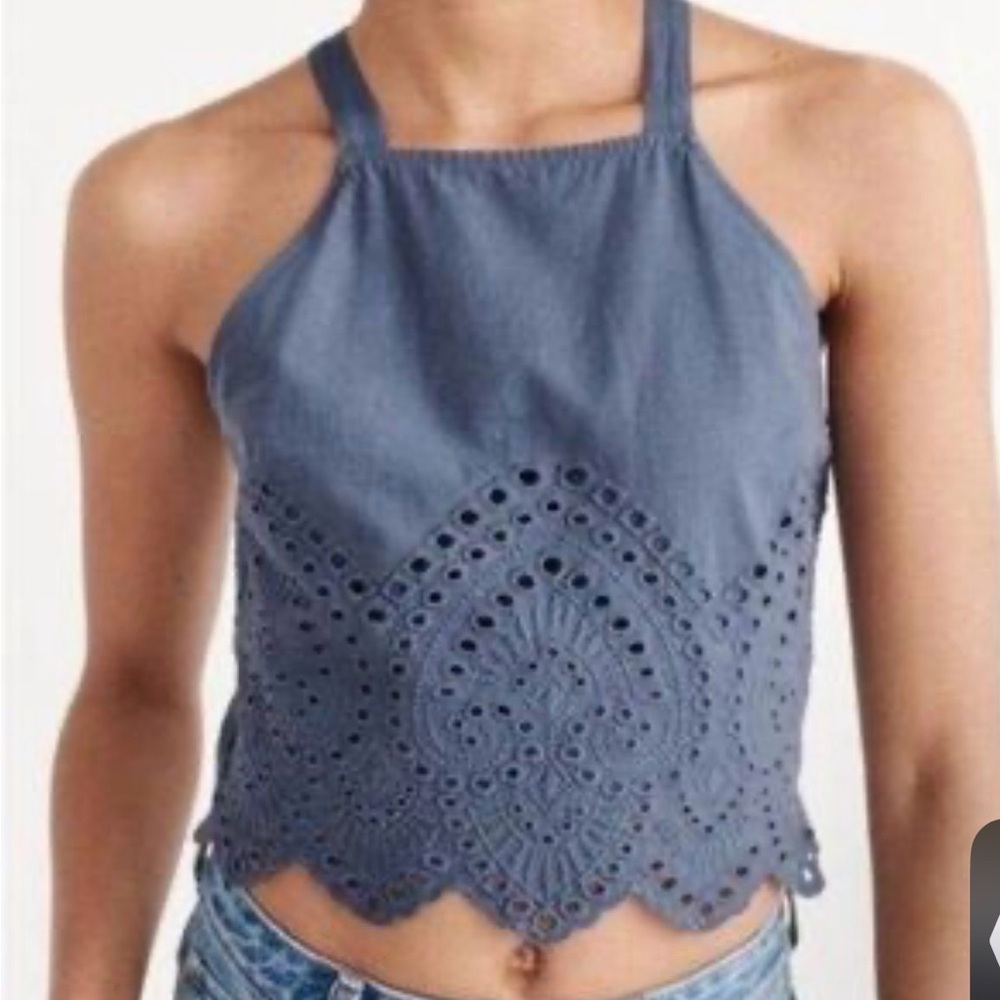 Abercrombie & Fitch Boho Eyelet Embroidered Blue Halter Crop Top